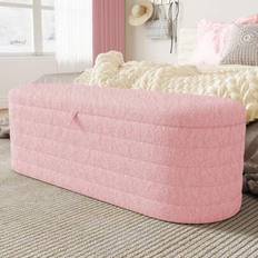 Bäddsoffa och fotpall med förvaringsutrymme 120 x 40 cm, klädd fotpall med förvaringsutrymme, soffpall, teddyfleece, rosa