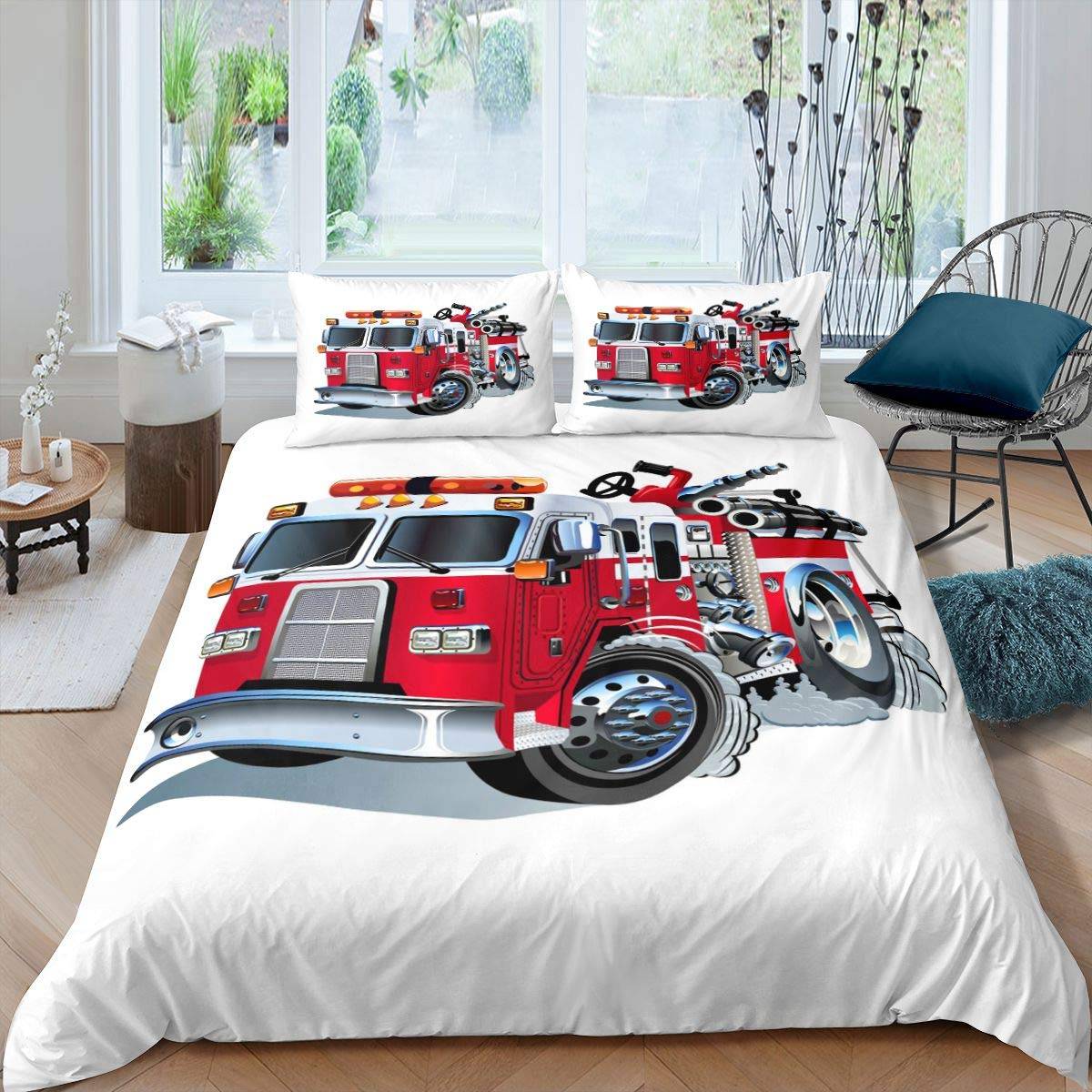 Brandbil Påslakanset Barn Brandmän Bil Fordon Sängkläder Set För Pojkar Brandbil Mönster King Size Täcke Överdrag 150x200cm 3pcs
