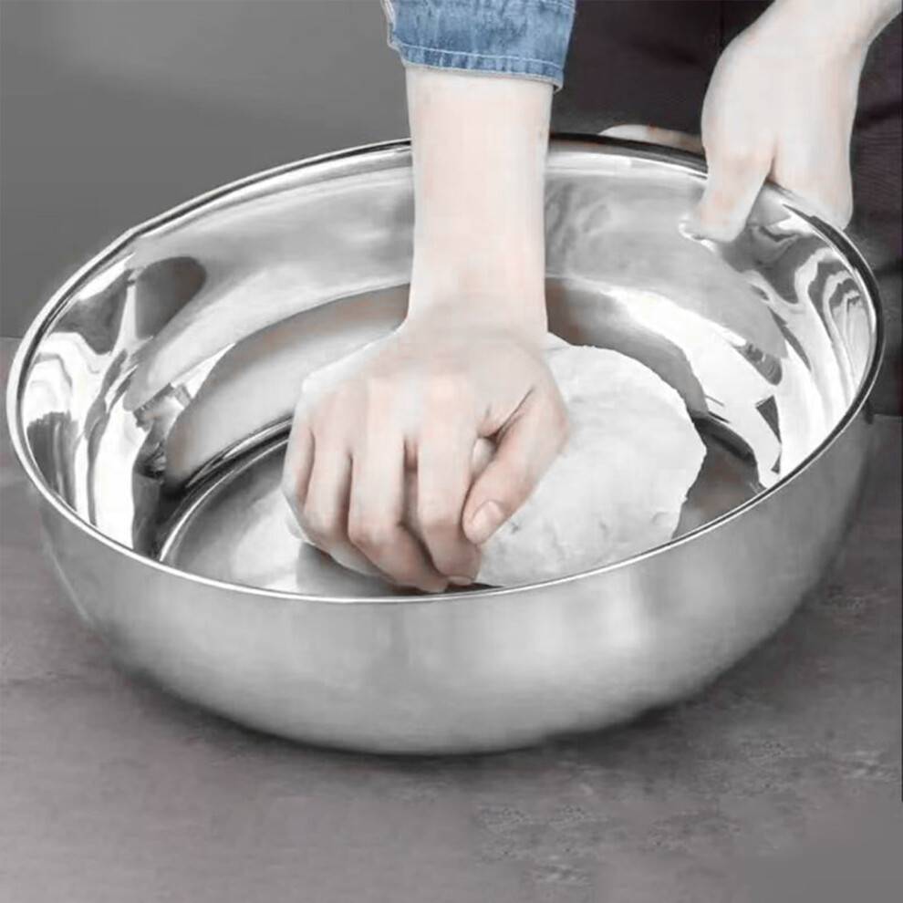 Rostfri blandningsskål, extra stor köksskål för bakning och knådning av deg, platt botten, diskmaskinssäker salladsskål (silver)