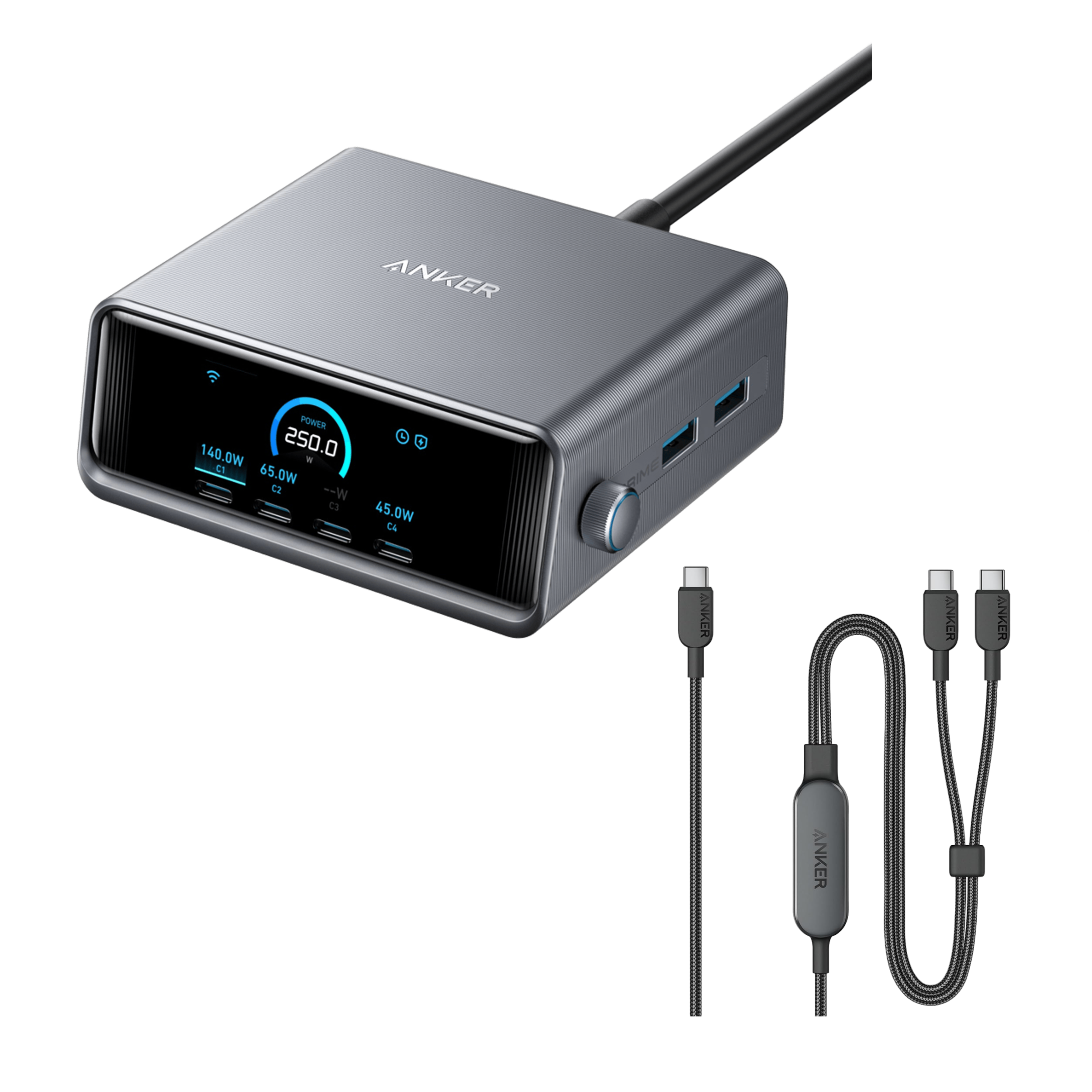 Anker Prime Charger (250W, 6 Ports, GaNPrime) + Anker 2-in-1 USB-C to USB-C Cable (1.2m, 140W, Braided)