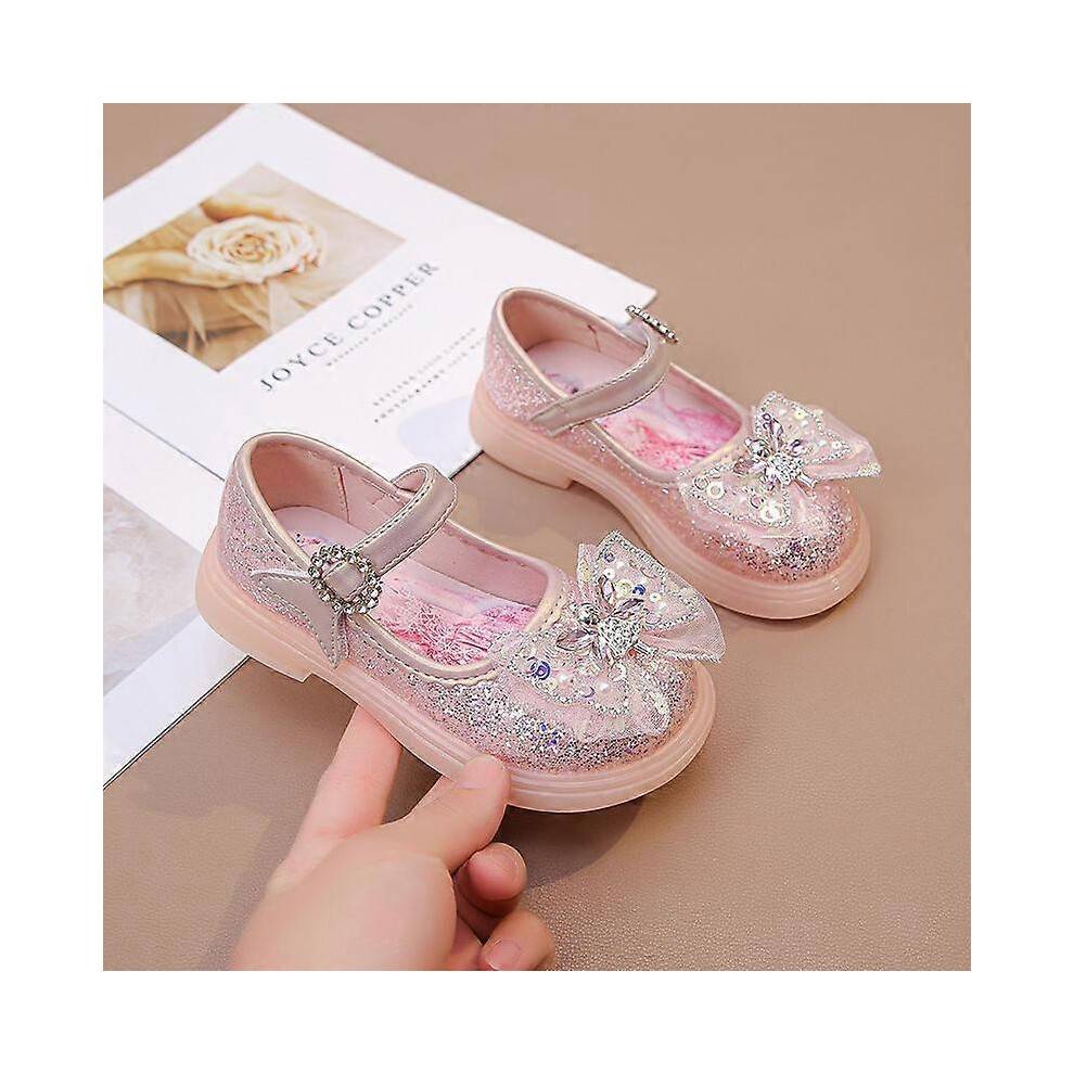(27-Insole 16.7 cm) Anti Slip Sole Girls' Luminous Pu Leather LED Light Shoes Frozen Children's Glitter Elsa Princess Shiny Shoes Size 23-34
