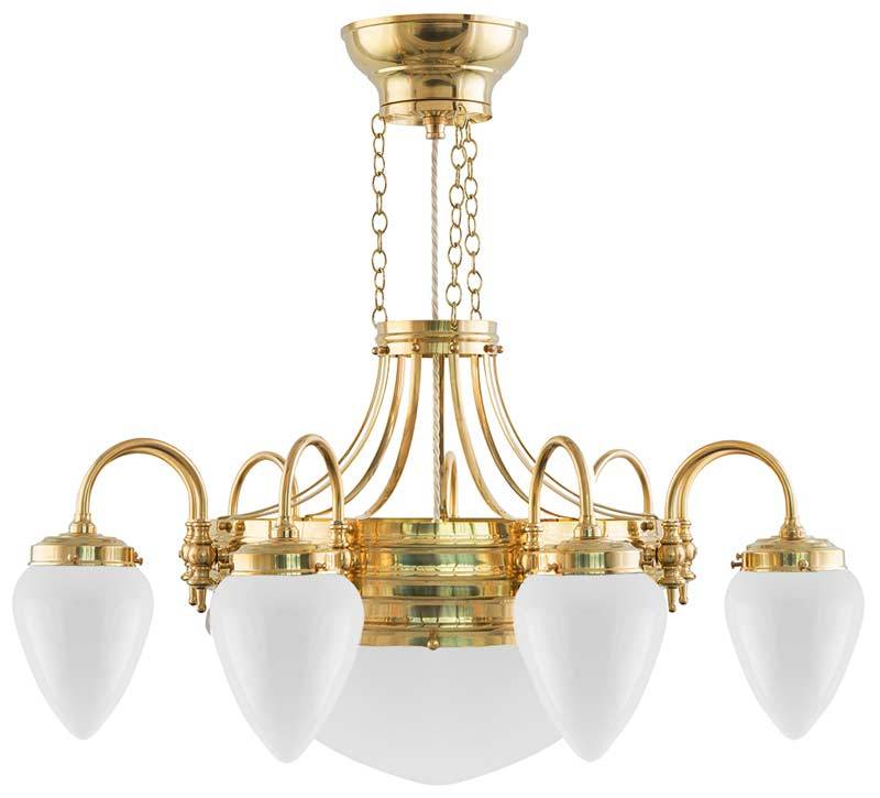 Lysekrone - Niarmet ringkrone, messing med opalhvidt glas