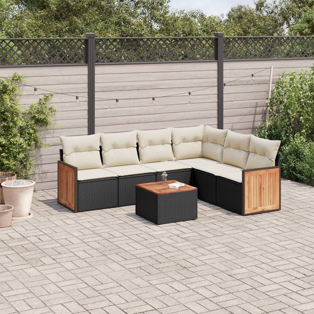 Sofasæt Til Haven 7 Dele Med Hynder Polyrattan - Sort og cremefarvet / Med bord