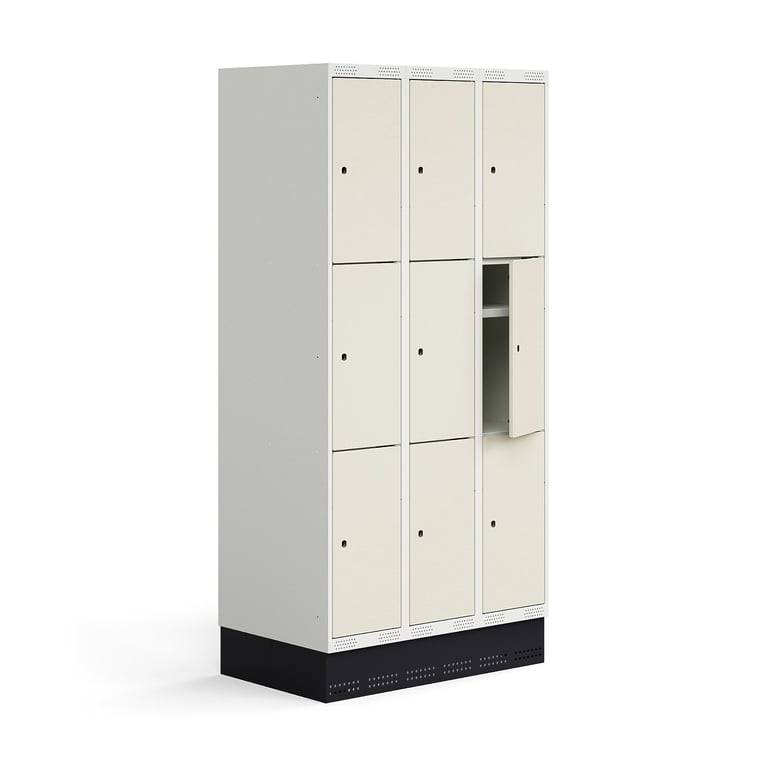 Elevskåp ROZ, 3 sektioner, 9 fack, inkl. sockel, 1890x900x550 mm, beige