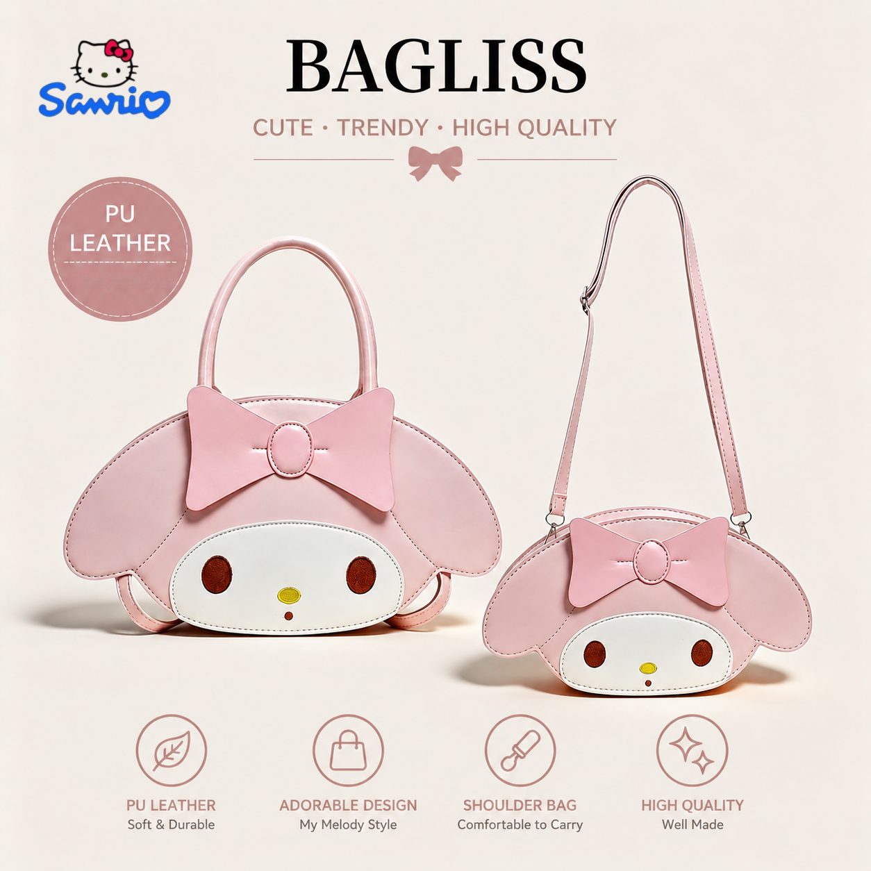 Sanrio My Melody Premium PU Leather Pink Bag Handheld Crossbody Women Girl Students Fashion Cute Spacious Gift Daily Commute