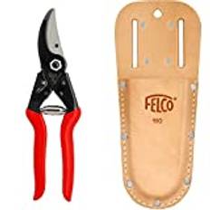 FELCO 5 Gartenschere (Schnitt-ø 25 mm, Länge 225 mm) & 910 Etui für Gartenscheren (Holster aus Echtleder, mit Gürtelschlaufe + Klammer, Befestigung am Gürtel, für Rebscheren), 26 x 16 x 12 cm