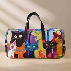 Cartoon Abstract Cat Print Large Capacity Travel Duffel Bag, Fashion Fitness,Yoga And Workout Tote With Shoe Compartment, Portable Overnight Bag, Rand - Black