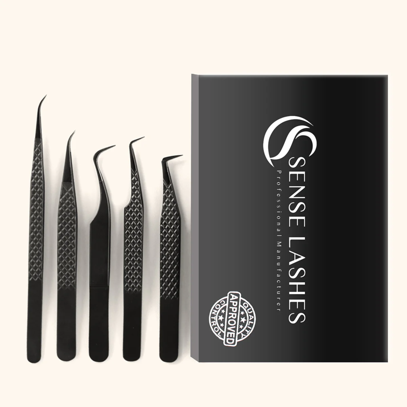 SENSE LASHES 5pcs Fiber Tip Eyelash Tweezers Precision Tweezers Set Pinzas Para Extensión De Pestañas Eyebrow Tweezers with Case