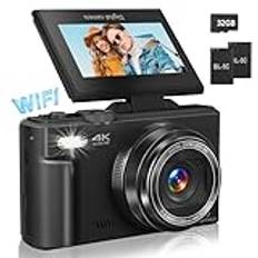 4K digitalkamera för fotografi, WiFi 64 MP autofokus vloggkamera för YouTube med 3 tum 180° flip-skärm, 18X digital zoom kompakt vlog-resekamera med 32 GB SD-kort, batterier, svart