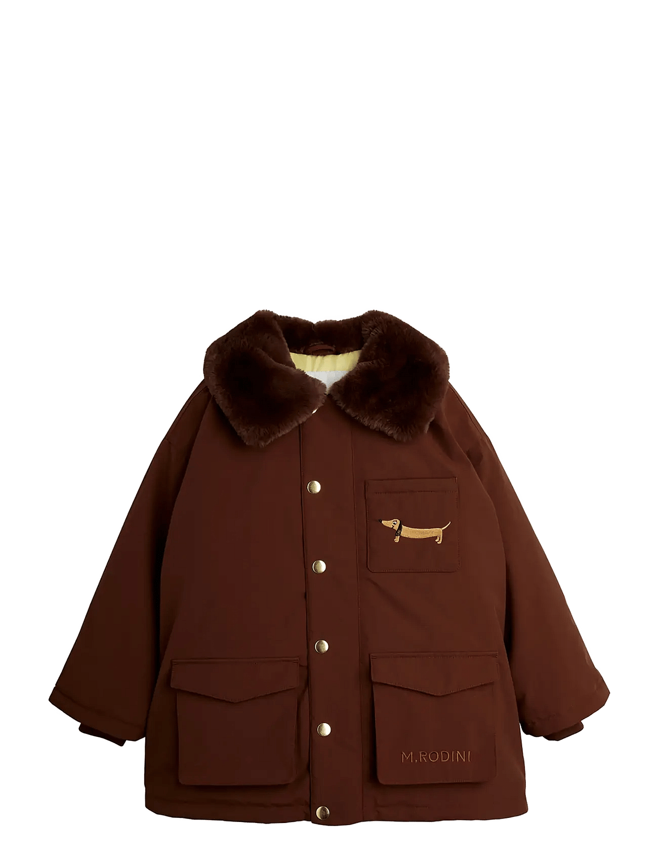 Mini Rodini Padded Nylon Parka With Faux Fur Collar - Brown - 116/122