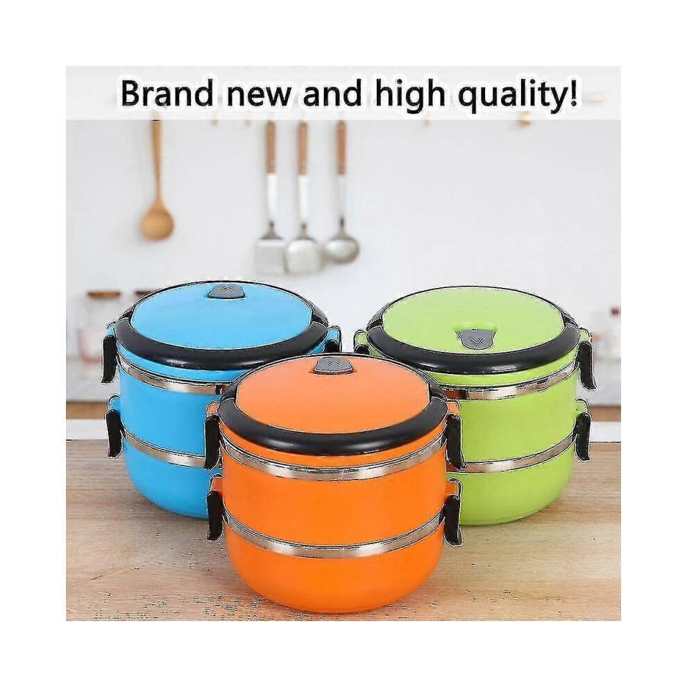 (Double layer blue) Hot Food Flask Stainless Steel Lunch Box Thermos Vacuum Insulated Trave Portable Tw