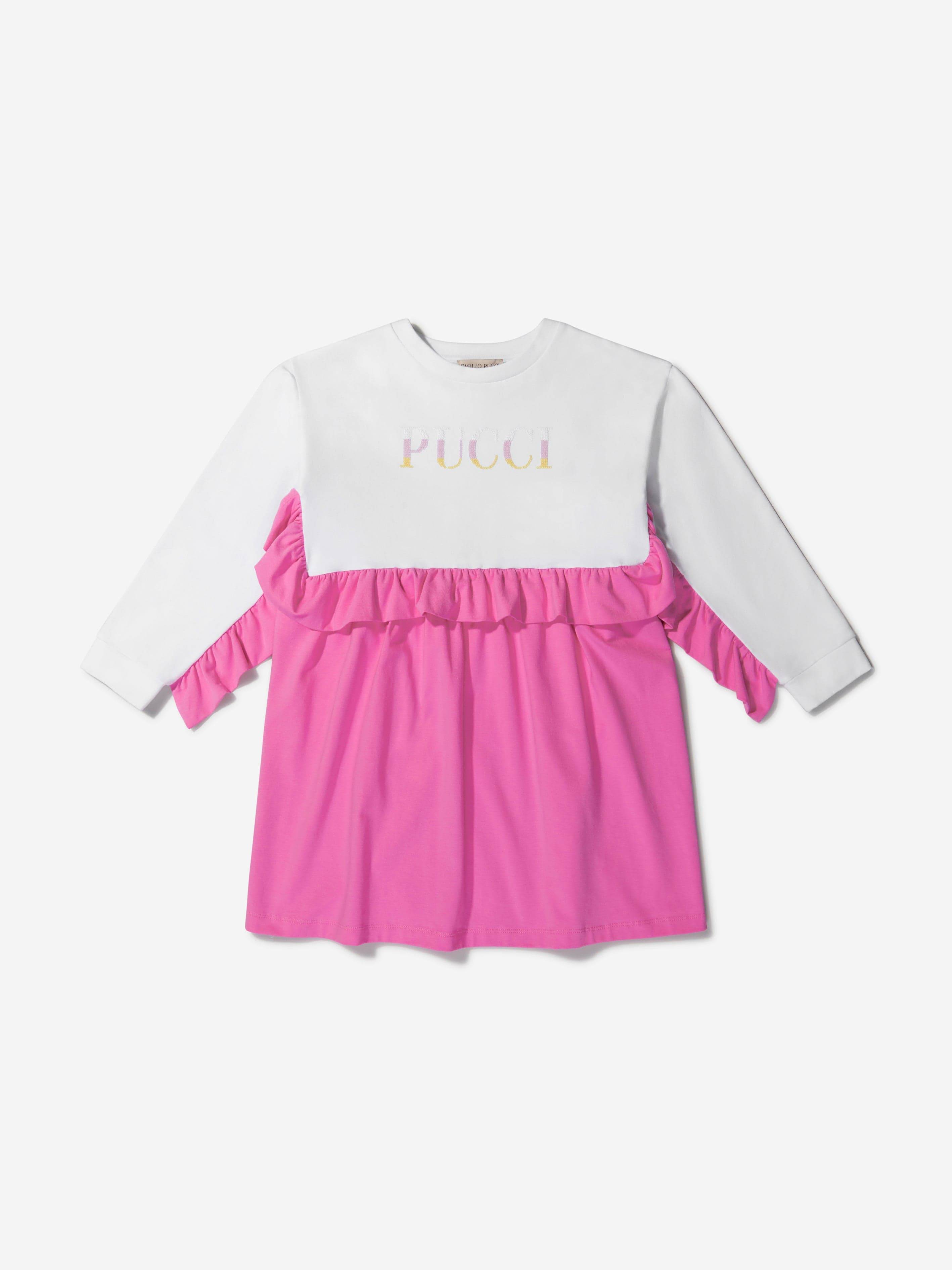 PUCCI Girls Cotton Ruffle Trim Logo Dress - Pink / 2 Yrs (2 Yrs)