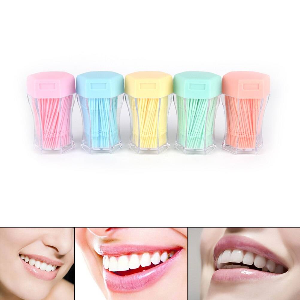 Slumpmässig färg 2- vägs oral tandpetare plast interdental borste tandpetare med bärbart fodral 200 st/förpackning