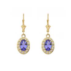 Tanzanite & Diamond Ethereal Halo Gemstone Drop Earrings in 9ct Gold - gold/purple