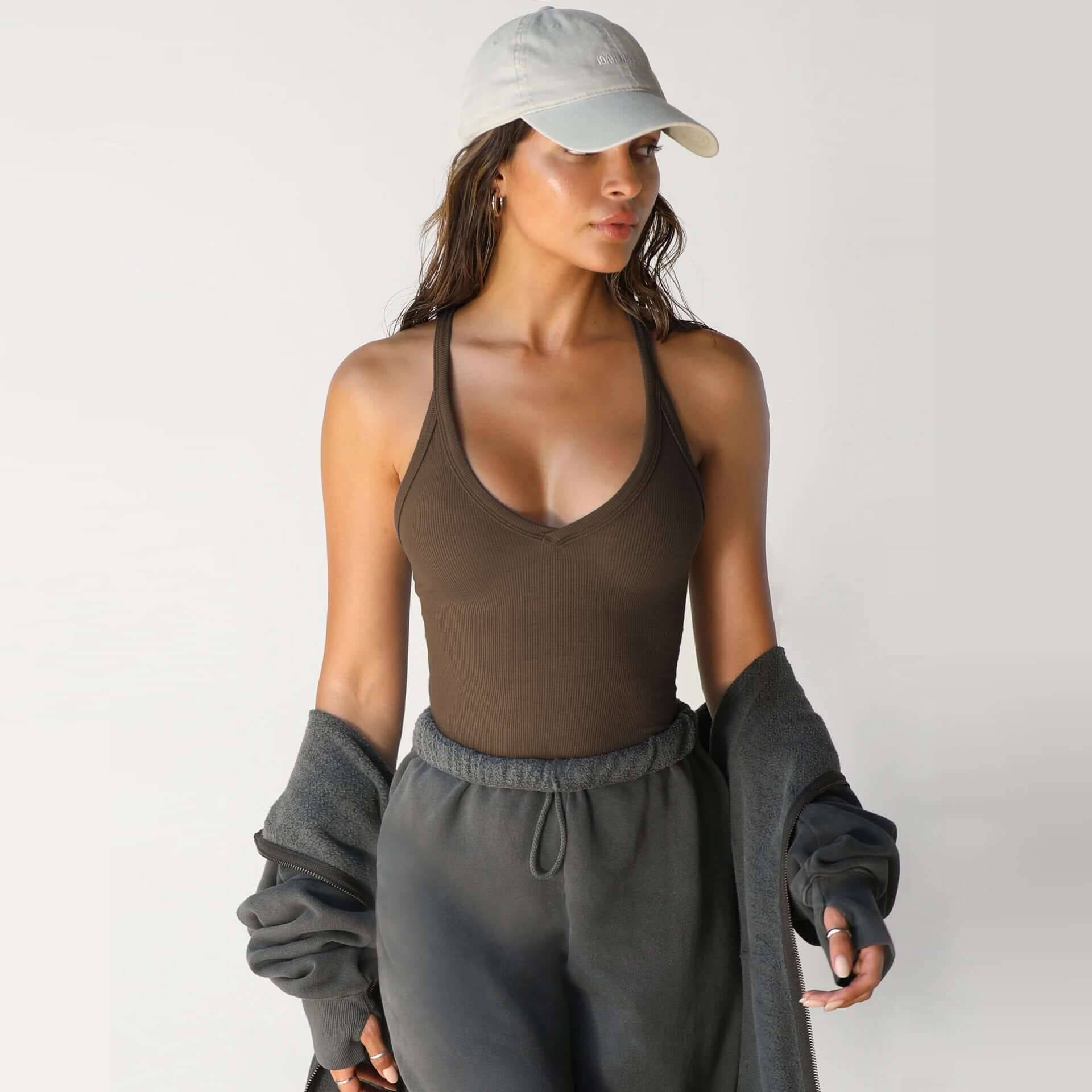 Spring Knitted Ribbed Vest Top for Women - Coffee / M