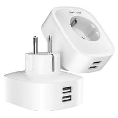 GHome Smart uttag med USB 16A, 2-pack Alexa-uttag mäter strömförbrukningen, WLAN-uttag fungerar med Alexa, Google Home, Wifi Smart Plug med fjärrkontroll, röststyrning och schema