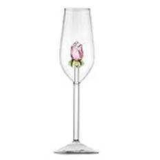 Genomskinliga vinglas med ros inuti, romantiskt 3D ros champagneglas, utsökt glas kristall bägare kopp rött vinglas för bröllop, fest, middag 220 ml