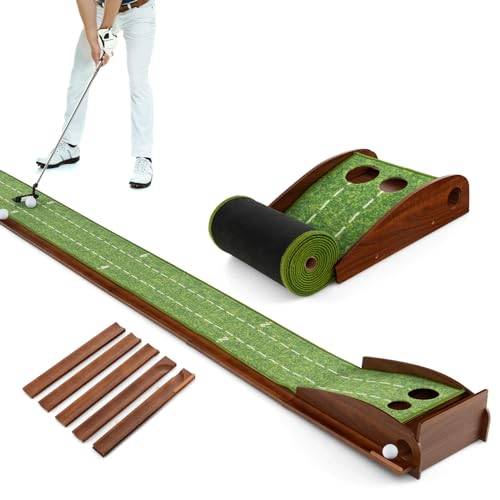 COSTWAY Golf puttingmatta, golfmatta med 1/2/3 hål, bilåterkomst träningsmatta med 3 golfbollar och konstgräs, puttingtränare inomhus, utomhus för nybörjare, proffs (2 hål)