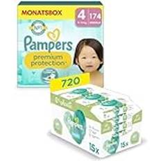 Pampers Premium Protection Set mit Windeln Größe 4 (9-14kg, 174 Stück), Maxi und Aqua Baby Feuchttücher, 720 Tücher (15 x 48), Baby Erstausstattung