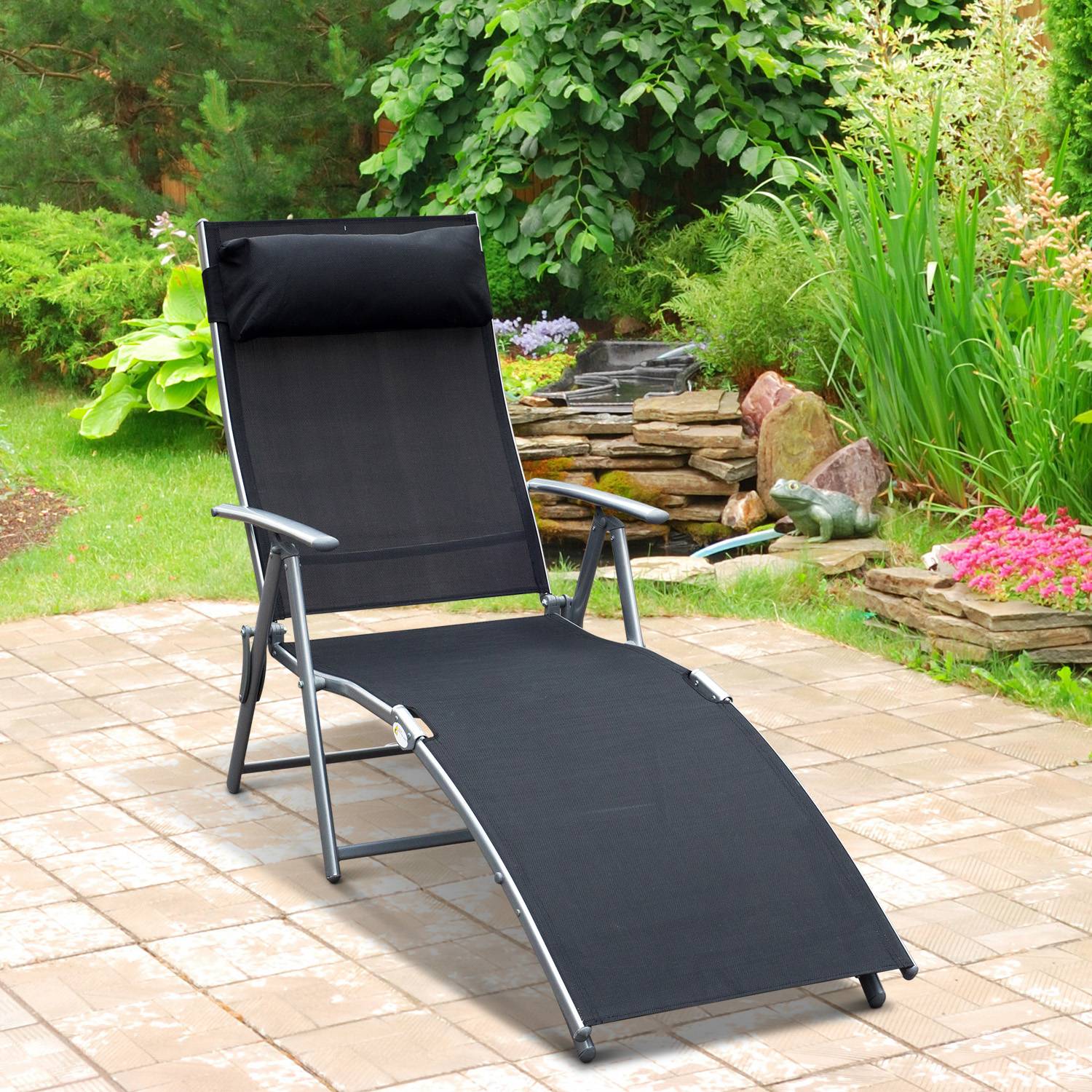 Foldbar liggestol med hynde 137x63,5x100,5 cm metal og sort stof til strand og terrasse.