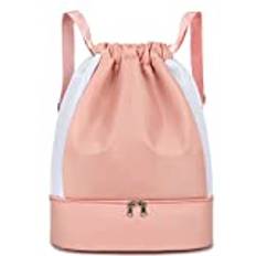 Keyck Gym Bag Drawstring Daypack, Vattentät Ryggsäck Med Skofack och Våtutrymme, Stor Sportväska för Kvinnor Män Tonåringar, Gymväska Träningsväska för Sportresor Simning Fotboll, Rosa