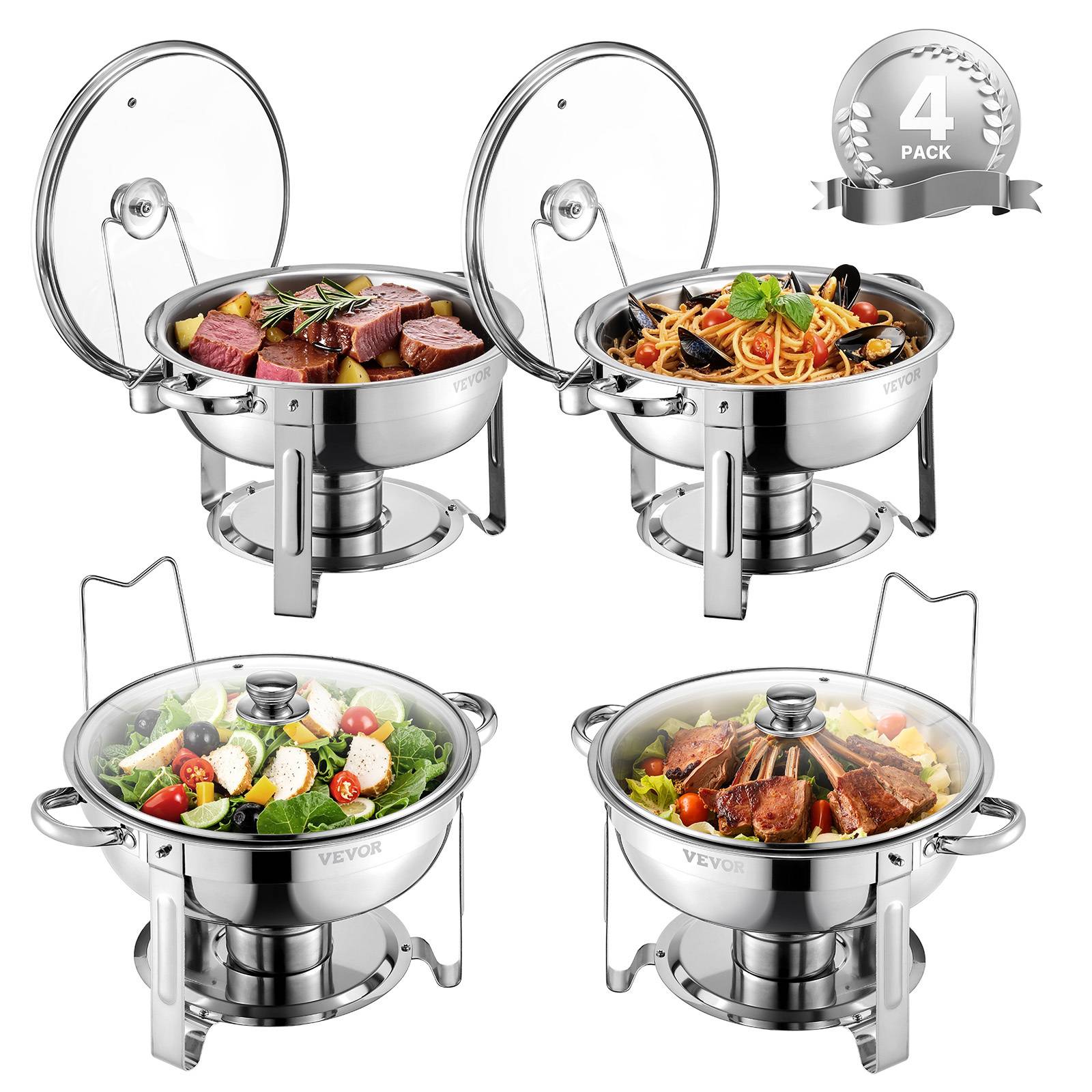 Vevor Chafing Dish Buffet Set, 5 Qt 4 Pack, Stainless Steel Chafer With 4 Full Size Pan, Round Catering Warmer Server With Glass Lid Water Pan Folding Stand Fuel Holder, For Wedding Party Banquet