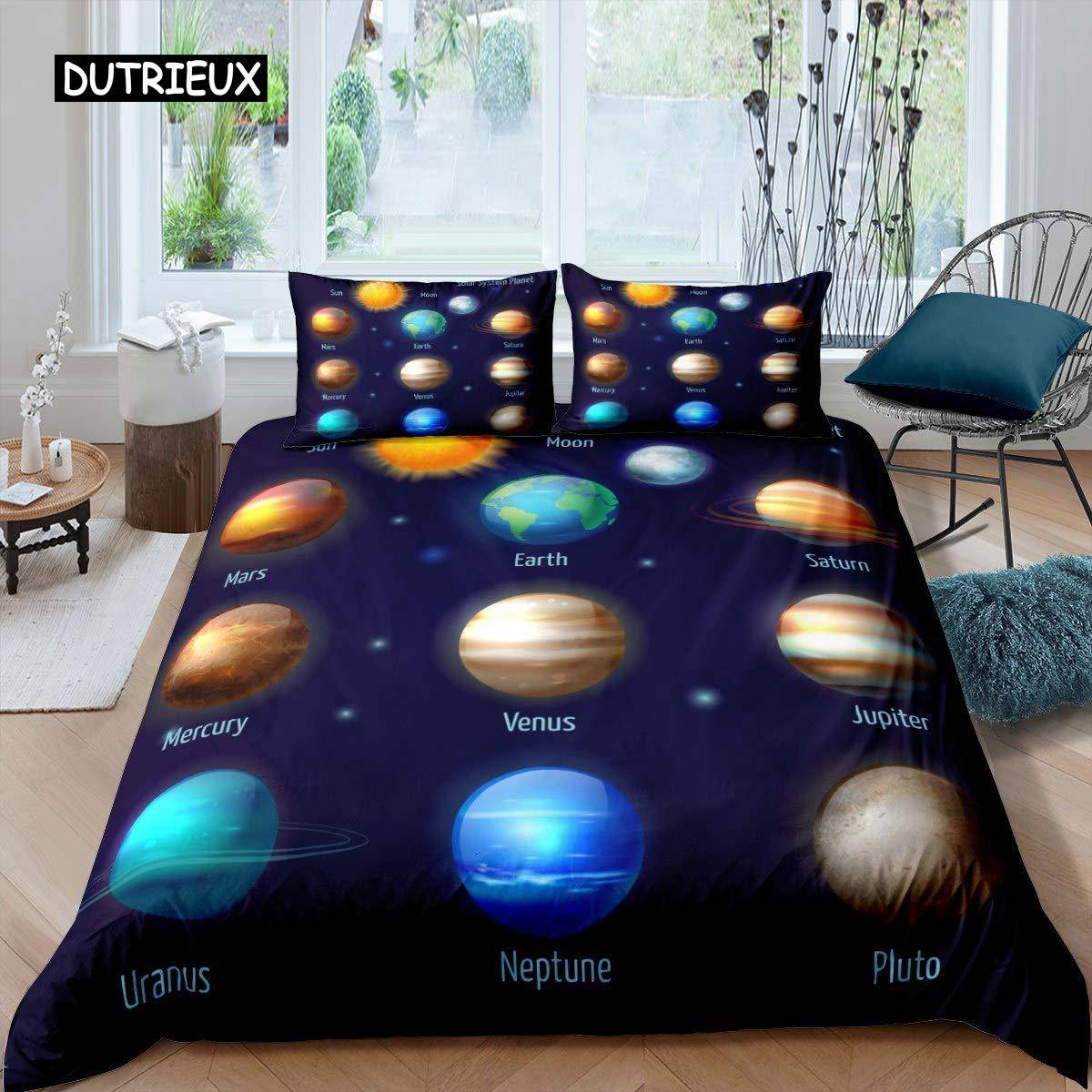 Sol System Täcke Set Twin King Mikrofiber Yttre Rymden Galax Sängkläder Set Universum Planet Astronomi King Size Täcke US Twin(172x218cm)