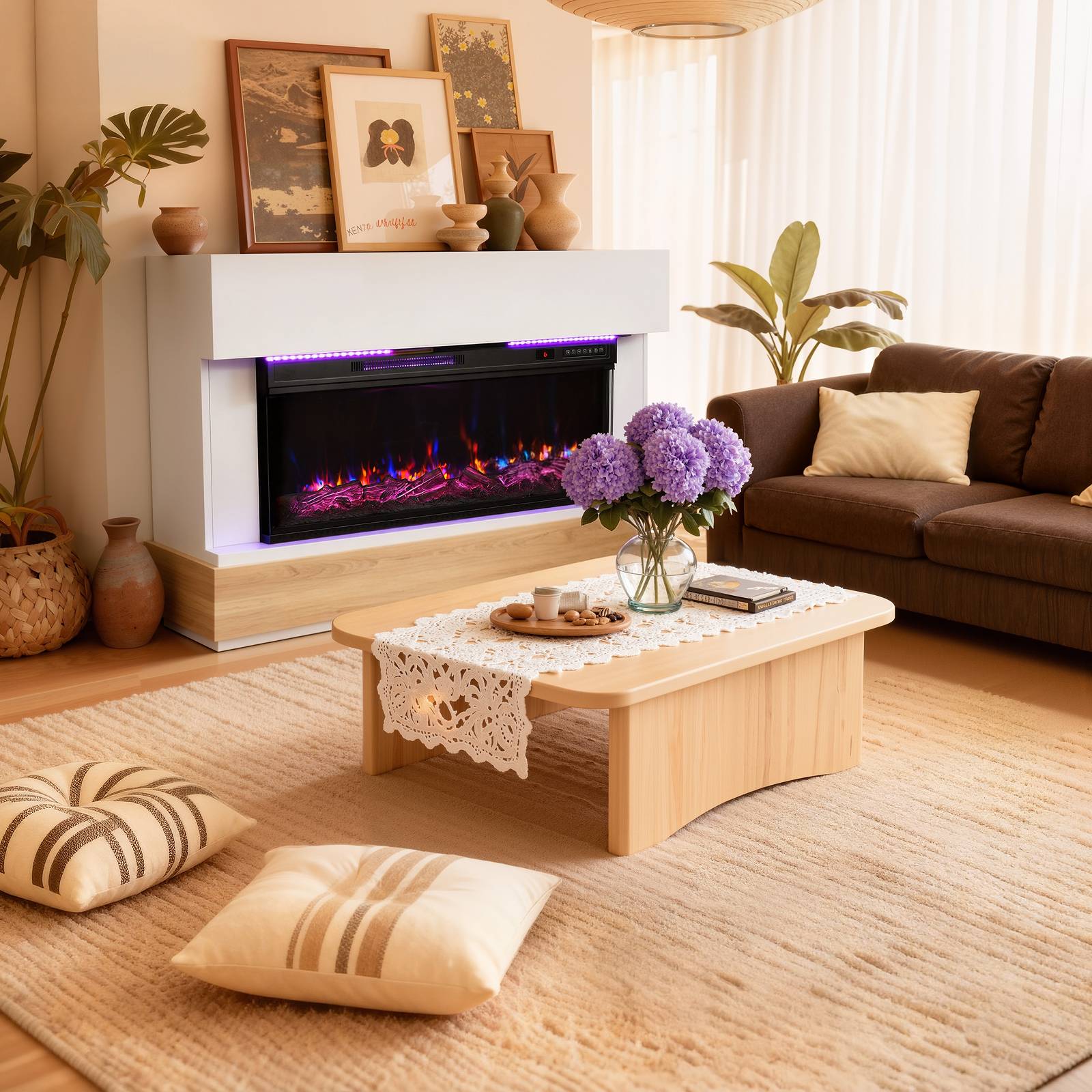 HOMAVO 36" Electric Fireplace with Cabinet, 1000/2000W Heating, 3D Flame Effect, LED Light Bar, Remote Control