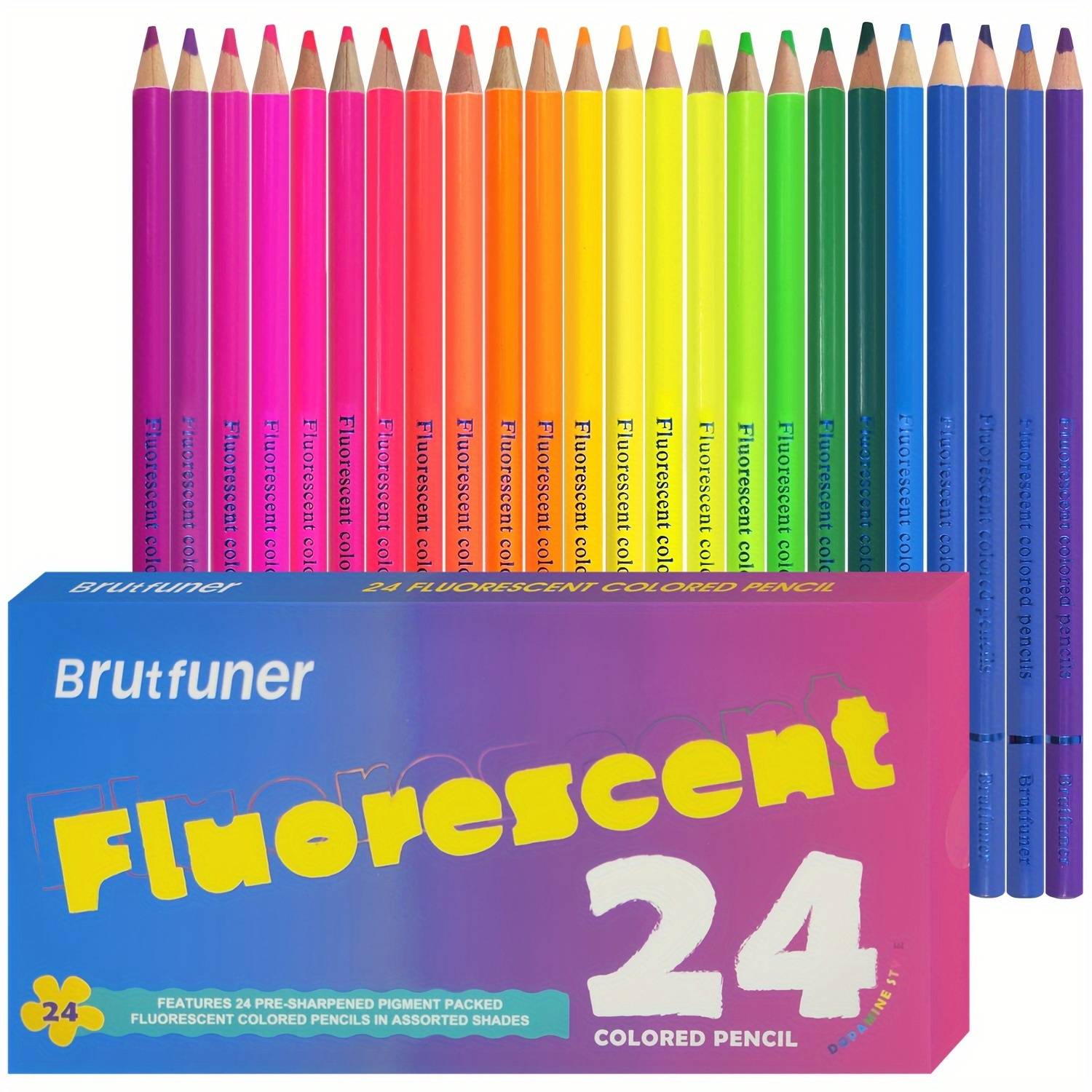24 Colors Fluorescent Oil-Based Colored Pencils Fluorescent Colored Pencils, Artists Soft Core with Vibrant Color