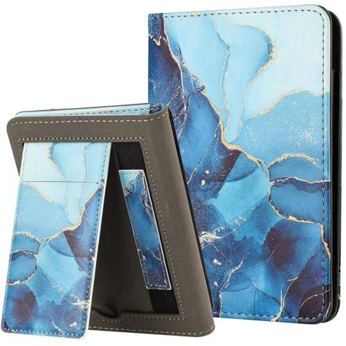 MOKASE Fodral Compatible with 6,8" Kindle Paperwhite 11:e Generationen (Modell: M2L3EK/M2L4EK), Syntetiskt Läder cover, Automatisk Vakna/Sömn för Signature Edition med Handrem, Blue Marble