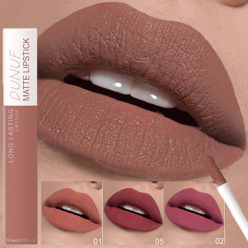 DUNUF 8 Colors Nude Brown Lip Gloss Matte Velvet Lipstick Water-resistant Long-wear Liquid Lipstick Makeup Sexy for Women Lip Tint