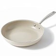 Stekpanna induktion 28 cm, non-stick bel채ggning keramisk bel채ggning stekpannor, non-stick-pannor med handtag i rostfritt st책l, PTFE-fri PFOA-fri, PFAS-fri, ugnss채ker, diskmaskinss채ker (beige)