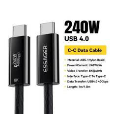 Essager 240W USB Type C Cable USB4.0 40Gbps 8K 60Hz For iPad MacBook Laptop 5A PD3.1 Ultra Fast Charging For iPhone 16 15 Xiaomi 1m svart