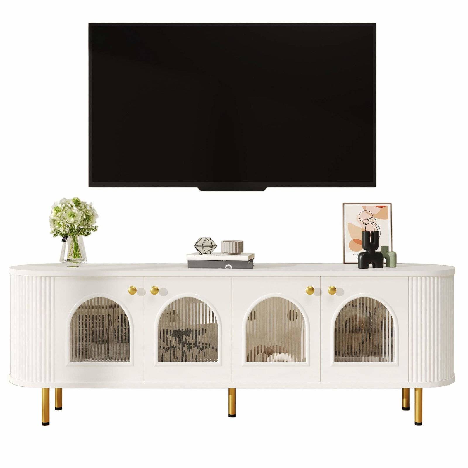 Vit TV-bänk med glasdörrar – guldfärgade detaljer, 170 cm