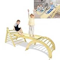 YARDIN Klätterställning för barn, set om 3, klättertriangel med rutschkana, klätterbåge, naturträ, klätterställning med dubbelsidig ramp, Montessori, klätterbåge, pedagogiska leksaker för småbarn