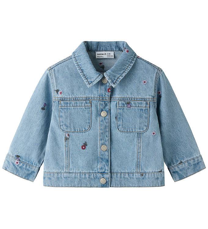 Name it Denimjakke - NmfWilmals - Meidum Blue Denim/Flower EMB - Name It - 5 år (110) - Denimjakker