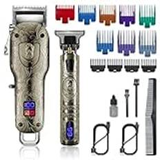 Hårklippare 2 set, Cosicosy elektrisk trimmer groomingkit för män, professionell sladdlös skärning skägg uppladdningsbar med LCD-skärm rakapparat män barn barberare, guld