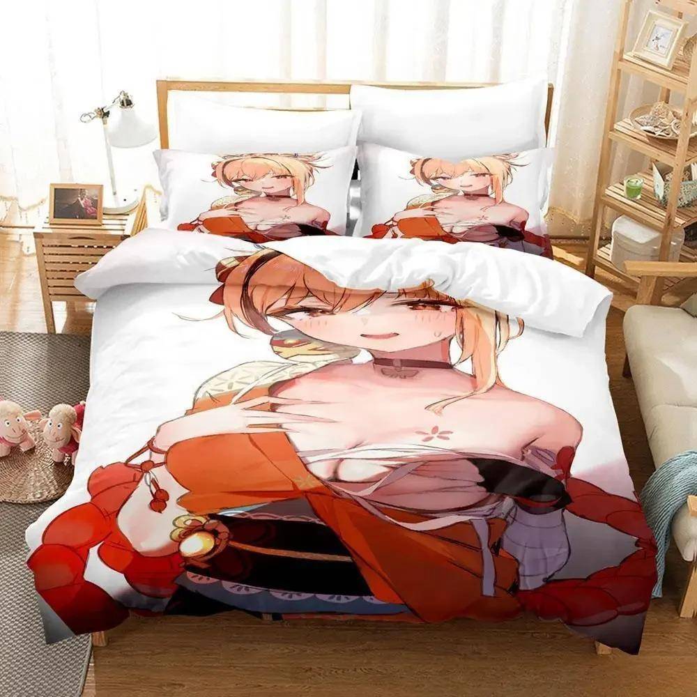 Spel Yoimiya Genshin Impact Sängklädesset Tecknad Anime tredelat set Vuxen Barn Sovrum Påslakan Set 3D Kawaii Flickor 70x133cm 2pcs