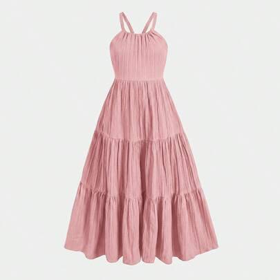 Tween-flicka sommarklädning för semester, avslappnad bohemisk musikfestival, vår/sommar, texturerad enfärgad klänning med volang, ryggrosett - Rosa (8Y,9Y,10Y,11Y,12Y)