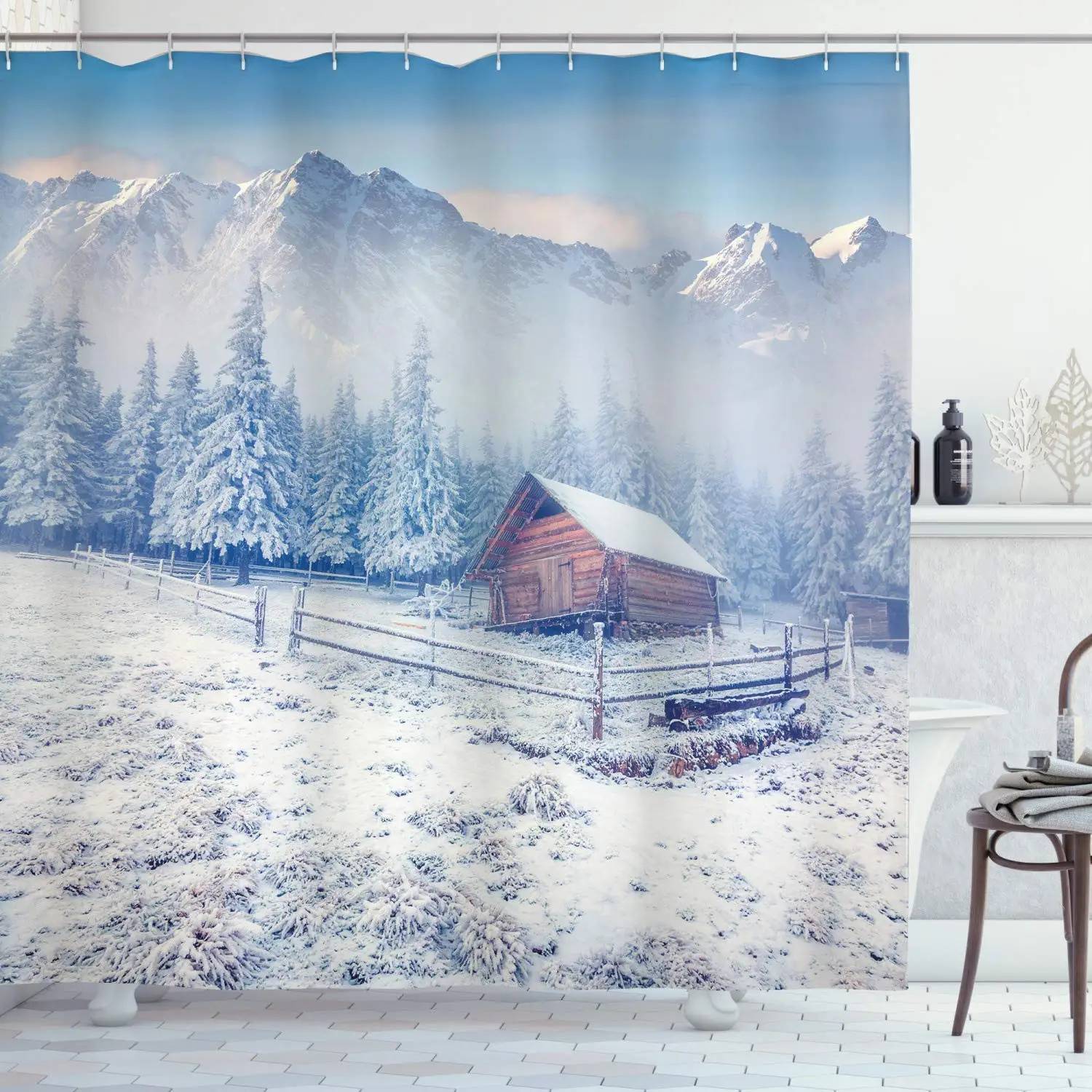 Winter Landscape Shower Curtain Cold Season Scenery Snow Mountain Peaks and Snowy Coniferous Pine Trees Bathroom Decor Screen