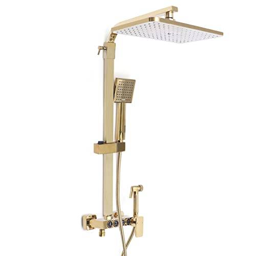 Guldduschsystem guld väggfäste duschset med 25 x 20 cm duschhuvud, handdusch, 4 funktioner regndusch, handdusch, badkran, bidé dusch