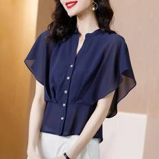 Chiffon Shirts Short Sleeve Women's Blouses Summer Slim Waist Short Blouse V-neck Buttons Trumpet Sleeves Temperament Tops Casual All Match Female Top XL