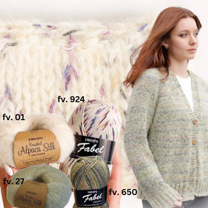 Strikkekit Hidden Forest Cardigan i Fabel og Brushed Alpaca Silk fra DROPS - XL: 6+9 nøgler garn