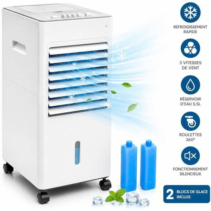 Rafraîchisseur d'air portable - Consommation réduite 65 W - Réservoir 5 L - 3 vitesses - Humidificateur & Purificateur