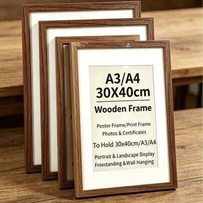 1/3 st brun träfotoram A4/A3, vintage rektangulär slätpolerad dekorativ fotoram i trä, lämplig för hem/sovrum/vardagsrum/skrivbord, kan placeras eller (Multi-size)
