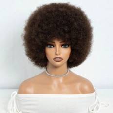 Afro Wig Human Hair Short Afro Kinky Curly Wig With Bangs 6 Inch Brown Afro Wig