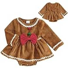 Hperu Baby flicka juloutfit rund hals långärmad baby flicka pepparkaksklänning med röd rosett förtjusande och söt bomull baby flicka sparkdräkt baby flicka kläder, 0-3 M, 3-6 månader, L