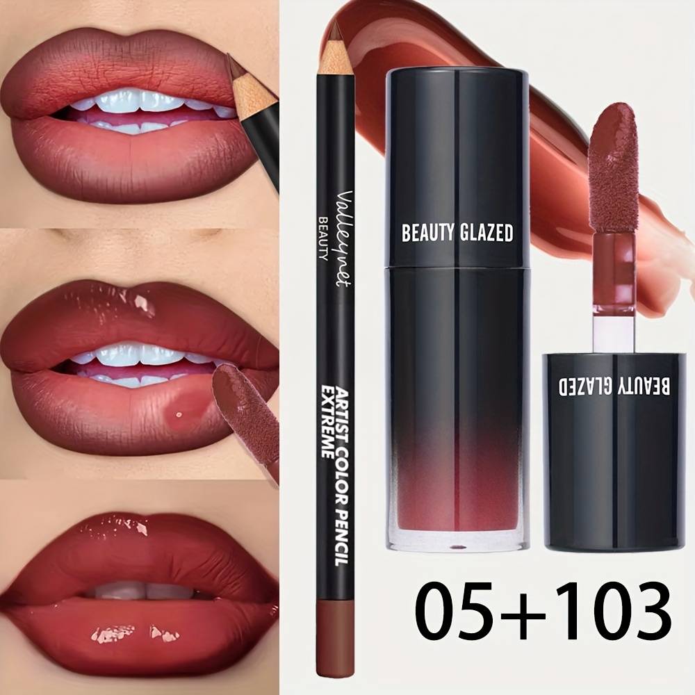 2pcs/set Velvet Texture Lip Makeup Set-lip Liner-lip Glaze-waterproof Long-lasting Matte Effect, Red, Brown Colors, Create A Moisturizing And Natural Lip Makeup