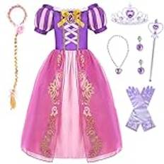 XFOZDM Rapunzel-kostym, barn, prinsessa, rapunzel, klänning, flicka, rapunzel, utklädnad med tillbehör för maskeraddräkter, halloween, jul, födelsedag, fest, cosplay, lila 01 150