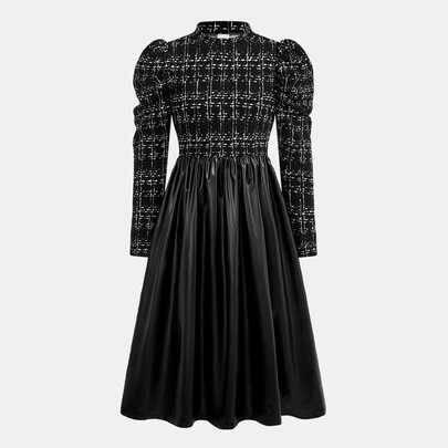 Tween-flicka avslappnad urban elegant lång klänning med hög krage, rutig patchwork i PU-läder, gigotärm, lång ärm, rynkad och utställd, svart klänning (7Y,8Y,9Y,10Y,11Y,12Y,13Y)